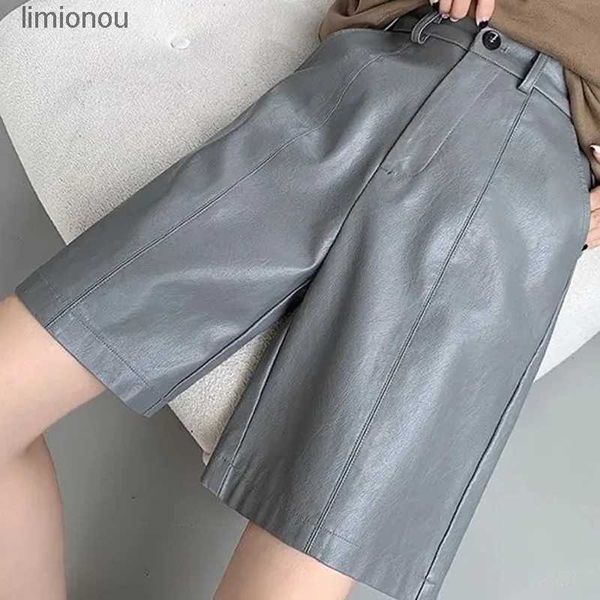 Shorts pour femmes Biyaby PU cuir Shorts pour femmes décontracté Baggy noir gris jambe large cinquième pantalon femme 2024 Vintage taille haute pantalon court LadyC243128