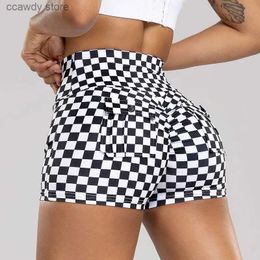 Dames shorts Zwart -en wit dambord Print Women High Taille Seads Butt Lift met zak buiten fietsen H240424