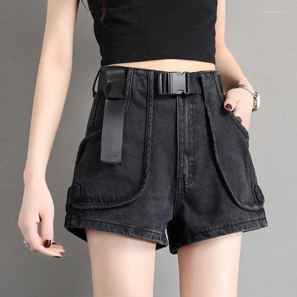 Pantalones cortos de mezclilla negros para mujer, moda de verano 2023, estilo Hong Kong, finos, de cintura alta, de talla grande, sueltos, acampanados, tendencia