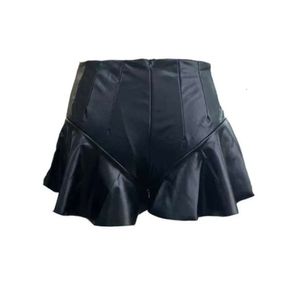 Short féminin Black Pu Leather Ruffles Jirts femmes Fashion Fashion Sexy Zipper High Taist Slim Culottes Femme Tous Pantalon Bottoms