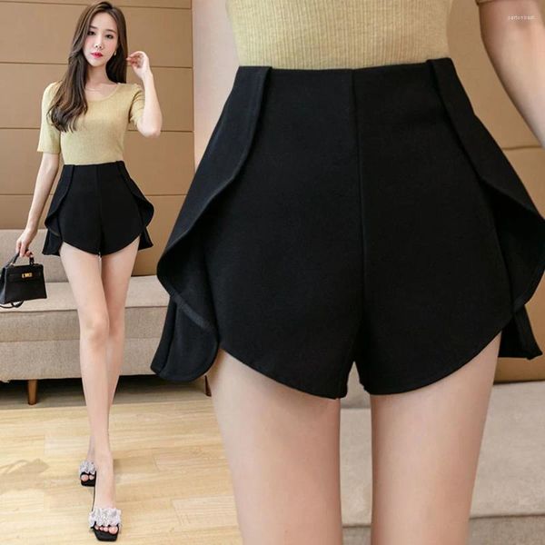 Shorts Femmes Noir Femmes Été Taille Haute Élégant Lâche Solide Femme Bureau Dame Large Jambe Casual Volants