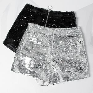 Shorts voor dames Bling Sexy dames shorts met pailletten Hoge taille O-ring Bodycon shorts met rits Feminino Skinny Party Club Festival Raves Paaldansshorts 230317