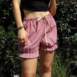 Dames shorts bloeiers lolita stijl 2000s dames klassieke geruite print ruches trekstring elastische taille korte broek y2k kleren streetwear