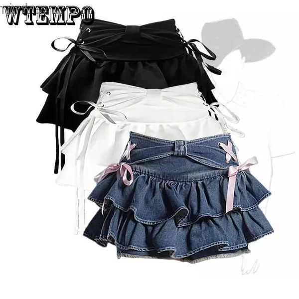 Shorts pour femmes Jupe plissée en denim bleu Bow Fold Design Jupe courte trapèze pour femme Short intégré American Spicy Girl Mode coréenne HotsweetL240119