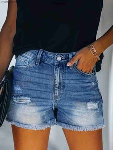 Shorts pour femmes bleu effiloché ourlet Denim déchiré trous Slash poches pantalons courts femmes Jeans vêtements 240329