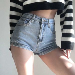 Dames shorts Blue Jean Shorts vrouwen zomer High Tailed Solid Hot Short Jeans for Ladies Sexy Elastic Split Retro Denim Shorts Vrouw Y240420