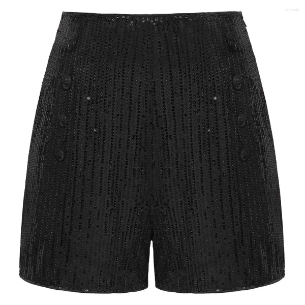 Shorts pour femmes BP Femmes Vintage Paillettes Couleur Solide Élastique Taille Haute Boutons Décorés Mi-cuisse Respirant Slim Fit Pantalon