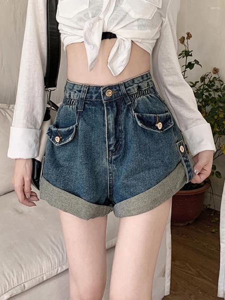 Pantalones cortos para mujer Botones Casual Mujeres Color sólido Verano Todo fósforo Moda coreana Una línea Pantalones Cintura elástica Jeans Side-Slit Denim F188