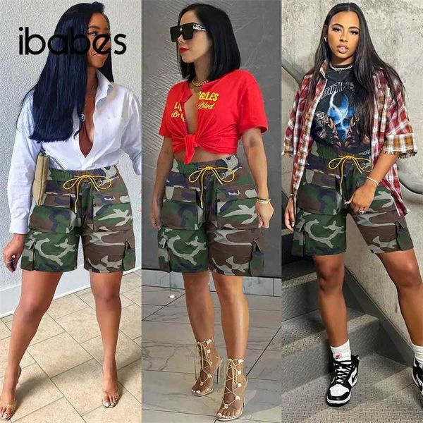 Shorts pour femmes camouflage cargo short femme Summer Multi poches élastiques hautes lacets lâches décontractées pantalon mid pantal