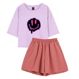 Dames shorts cartoon printavond pakken Harajuku graffiti shirt katoen oversized dames crop tops drop schouder pyjama sets pastel slaapkleding