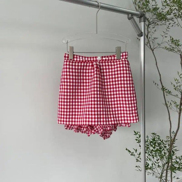 Shorts pour femme Chic rouge grille doux Double couche jupe courte pantalon gris Mini marque Design mode Sexy 2024 printemps été