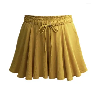 Shorts pour femmes en mousseline de soie, pantalon à jambes larges, taille élastique, plis à lacets, ample, décontracté, noir, jaune, grand été