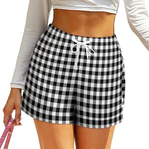 Damesshorts Klassieke gingham-ruiten Elastische taille Zwart en wit Y2k Lentestrand Oversize korte broeken Streetwearbroeken