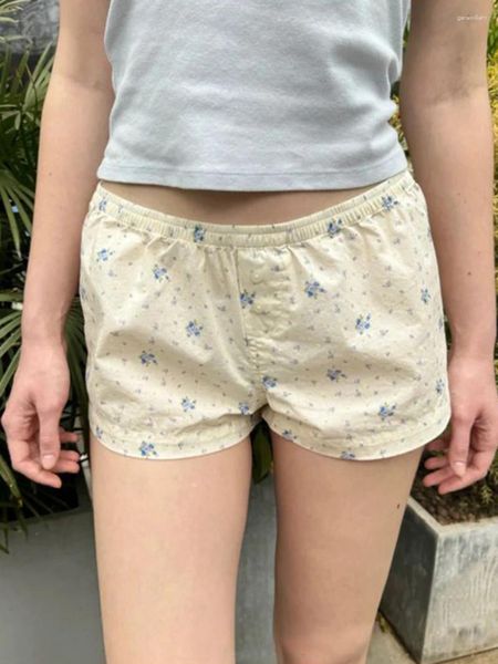 Pantalones cortos para mujeres algodón azul floral dulce botones de verano cintura elástica y2k sweetshorts niñas vintage ropa interior vintage