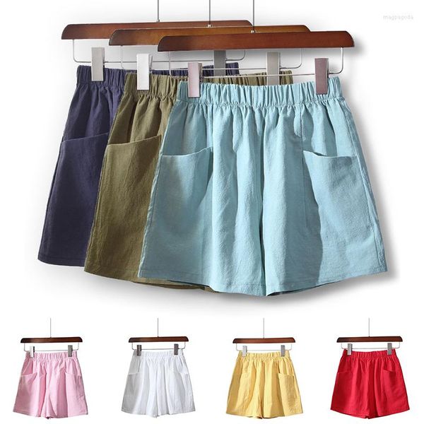 Pantalones cortos de algodón y lino para mujer, pantalones cortos básicos de verano para mujer, Mini pantalones con bolsillo, parte inferior de cintura alta a la moda para chicas adolescentes 2022