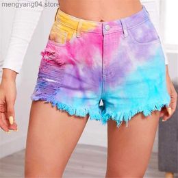 Damen-Shorts, Baumwolle, Tie-Dye-Druck, Loch-Denim-Shorts, Damen, mittlere Taille mit Quaste, Streetwear, elastische Böden, sexy, aushöhlen, dünne Jeans-Shorts T230603