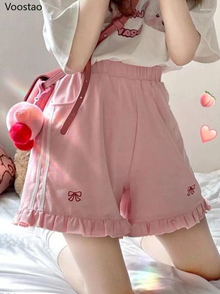 Shorts pour femmes Cute Girl Summer Lolita Sports Chic Rose Bow Broderie Volants Pantalons courts Femmes Harajuku Kawaii Lâche Large Jambe