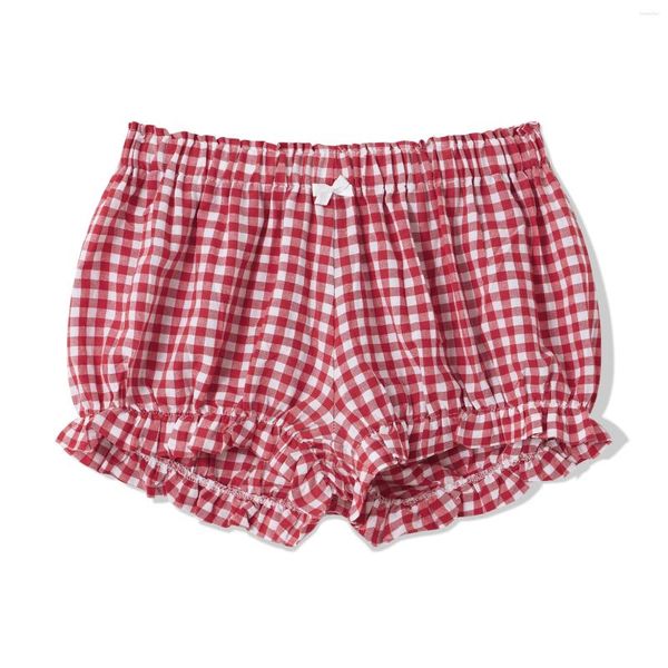 Short féminin Migne Ruffle Trim Bloomer Summer Pyjama Plaid / Couleur solide / Duck Print Elastic Band Lounge Bottoms