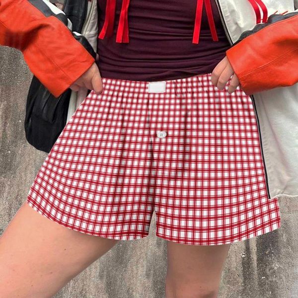 Shorts pour femmes mignonnes bouton imprimé à plaid doux avant de pyjama bas de pyjama boxers salon de sommeil pour la vie quotidienne du streetwear