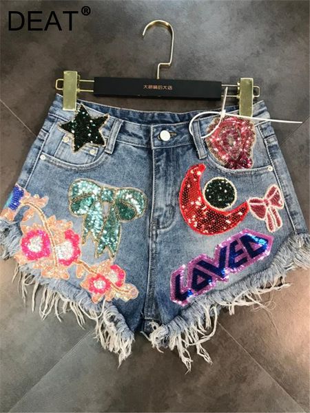 Shorts pour femmes DEAT 2023 Arrivées Lune Étoiles Paillettes Broderie Gland Patch Raw Denim Femme Mode Tempérament Femmes ME670 230314