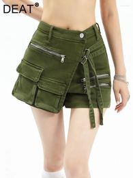 Shorts pour femmes DEAT Fashion Denim taille haute fermeture éclair dentelle sangle poches faux 2 pièces jupes vertes été 2024 17A6200