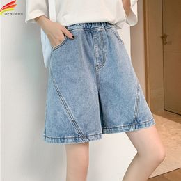Shorts pour femmes DFRCAEG Bermuda d'été femme taille élastique jambe large ample bleu jean poche vêtements de rue grande taille short en jean 230412