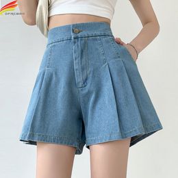 Dames shorts Dfrcaeg zomer denim shorts voor vrouwen met hoge elastische taille blauw of hemelsblauw breed poot losgemaakte mini plus size short femme 230512