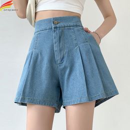 Damesshorts DFRCAEG Dames zomer-denimshorts Hoge elastische taille Blauw of hemelsblauw Brede pijpen Losse vouw Mini Plus Damesshorts 230406