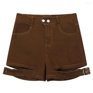 Pantalones cortos para mujeres doble botón ajustable cortada diseñador deshilachado hollow brown jean corto y2k mujeres ropa de verano 2023