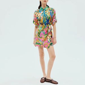 Ensemble chemise à manches courtes et mini-jupe à imprimé floral coloré en lin de créateur australien