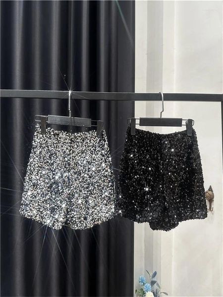 Shorts pour femmes Mode Velours Noir Pour Femmes Brillant Paillettes Polyvalent Pantalon Court Femme Chic Clubwear Solide High Street