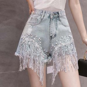 Dames shorts mode High Tailed Pearl Studded Heavy Tassel Denim Women Casual Solid Color Wide Leg Pants Jeans Girls Y2K