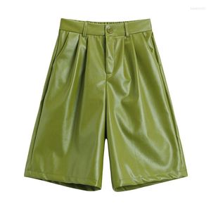 Dames shorts mode pu lederen vrouwen hoge taille losse knie lengte midi faux korte broekje groen groen casual plus maat c7523