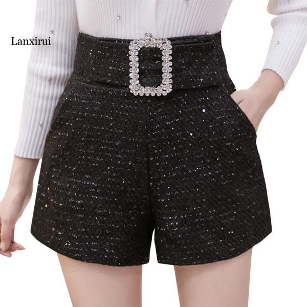 Pantalones cortos de mujer Rhinestones Tweed Women Autumn Winter Sequin Black Womens Glitter Diamantes Cinturón de cintura alta Femme