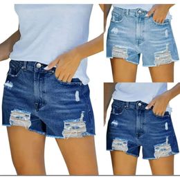 Short féminin mode Femmes mini jeans courts Sexy Babes Ripped Hollow Out Pockets Denim High Taist Color Skinny Mujer