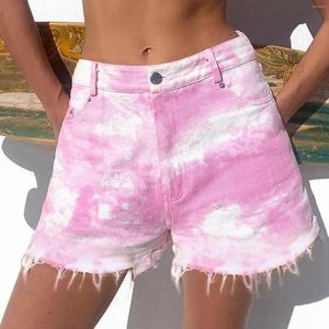 Damesshorts Mode Dames Roze Tie-dye Jeans Casual Mid Taille Denim Rippen Broek Vrouwelijk Gat Onderkant Streetwear