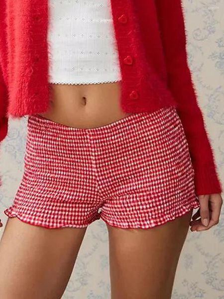 Short féminin Fashion femme Summent décontractée Pyjama Red Elastic Band Ruffle Trim Plaid Lounge Skin Friendly S mm L