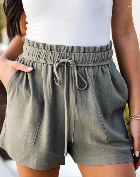 Pantalones cortos de mujer a la moda 2024 verano y casual de diseño de bolsillo con cordón