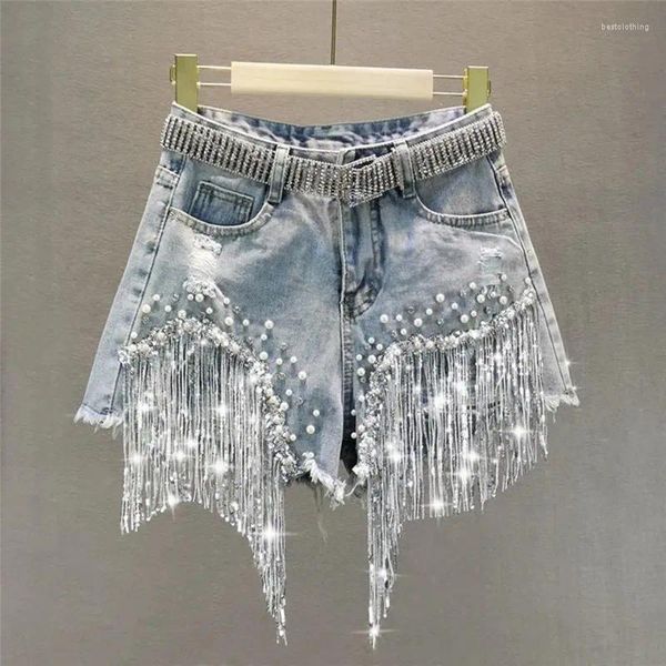 Short en jean pour femme, vêtement d'été, taille haute, amincissant, paillettes perlées, franges, jambes larges déchirées, 2024