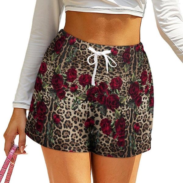 Short femme imprimé léopard fleuri Roses rouges surdimensionné tenue de rue taille élastique Kawaii pantalon court dame graphique poches bas