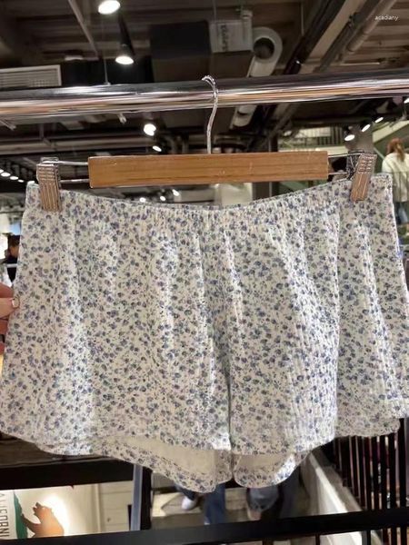 Pantalones cortos de mujer con estampado Floral acanalado lindo Fairycore elástico de cintura alta de algodón de verano sudaderas de mujer Casual Vintage dulce hogar