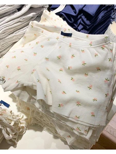 Pantalones cortos para mujer Estampado floral Waffle Mujeres Lindo Dobladillo crudo Cintura alta Verano Recto Deportivo Vintage Dulce Beige Ropa para el hogar