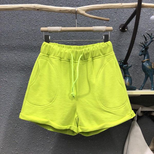 Shorts pour femme vert fluo pantalons de sport décontractés femmes 2021 mode d'été taille élastique lâche jambe large sertissage court