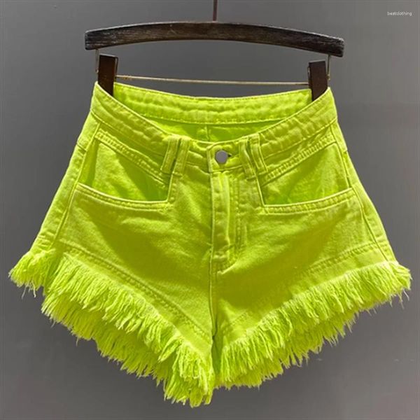 Pantalones cortos de mujer con borlas verdes fluorescentes, pantalones vaqueros informales de pierna ancha a la moda de verano para niñas