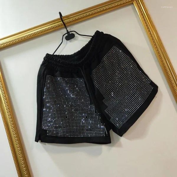 Pantalones cortos para mujer 2024 Primavera Verano cintura elástica diamante pierna ancha suelta brillante pantalones femeninos