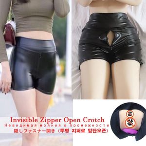 Short femme devant et dos ouvert entrejambe fermeture éclair Invisible pantalon en cuir Pu femme maison extérieur pratique Sexy Couple sexe