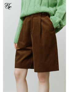 Shorts pour femmes FSLE capris en velours côtelé automne hiver rétro taille haute pantalons décontractés Shorts droits solides femmes 100% coton décontracté marron Shorts 230424