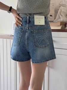 Dames shorts Gagarich Koreaanse chique zomer retro verminderde leeftijd achterzak bow print high taille veelzijdige wide been jeans vrouwen