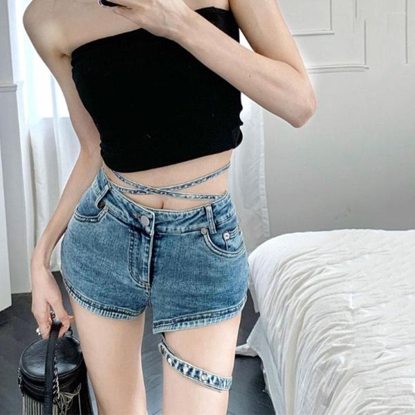 Short féminin Girls Retro Lavage lavé Denim Summer High Taist Slim Pantalon à jambe large Feme Y2k Jeans Bandle sexy