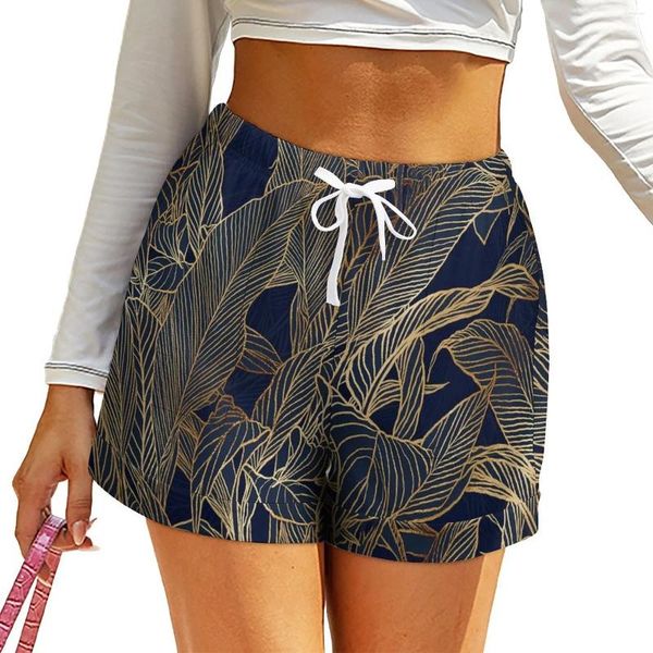 Shorts pour femmes, imprimé botanique de plantes à feuillage doré, pantalon court à motif d'été sexy avec poches, bas à la mode, grande taille 2XL 3XL